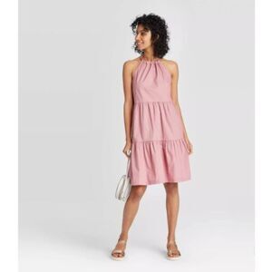 A New Day Size M Halter Neck Tier Knee Length Dress Rose Pink Coquette Bow Back